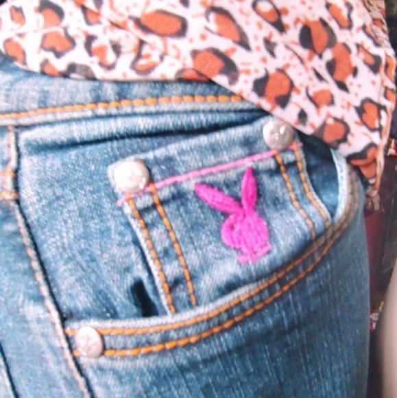 Y2k Deadstock Bedazzled Pink Embroidered Low-rise Playboy Jeans - Picture 4 of 7